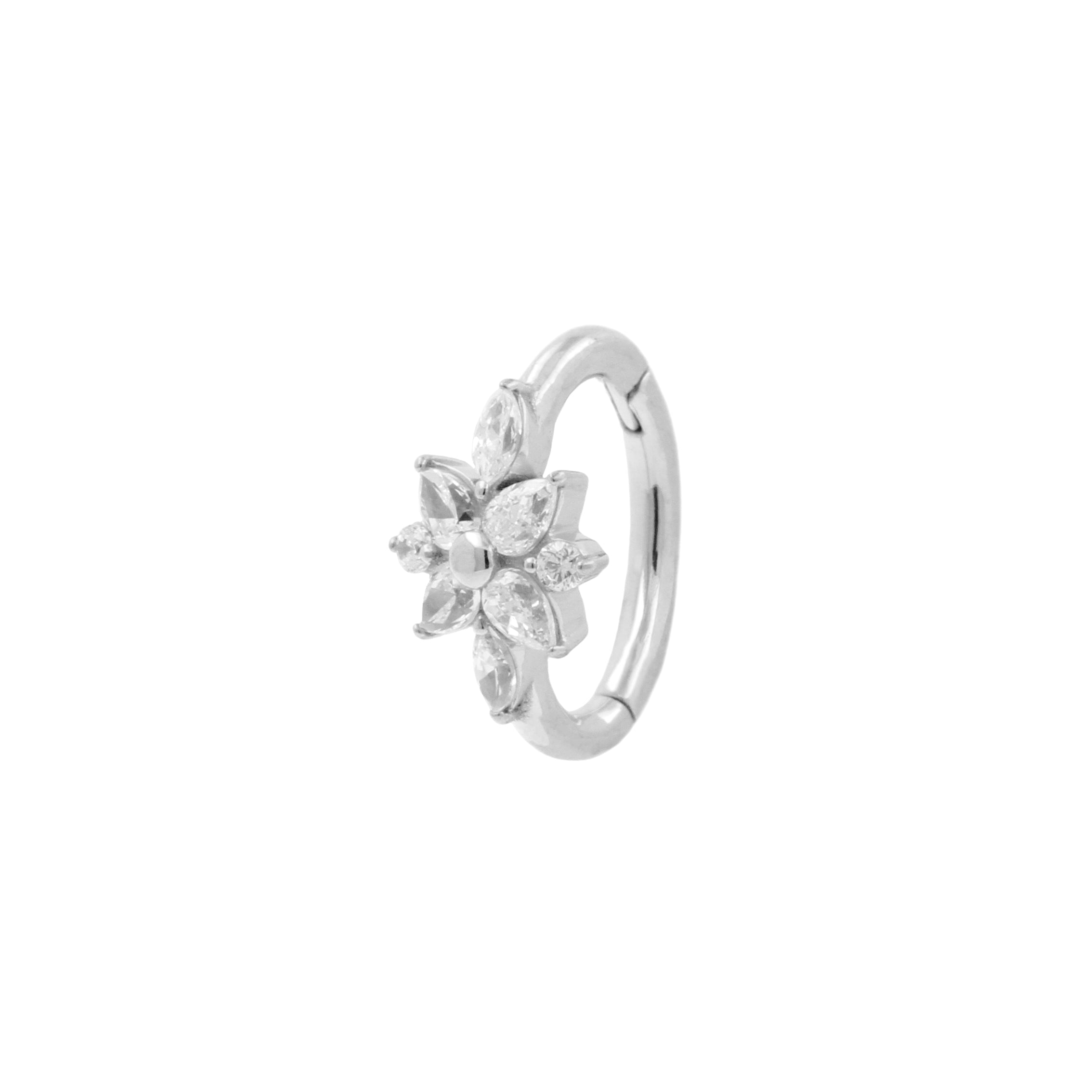 Nickel-Free Stainless Steel Belly Ring Clicker -  Zirconia Flower - Silver