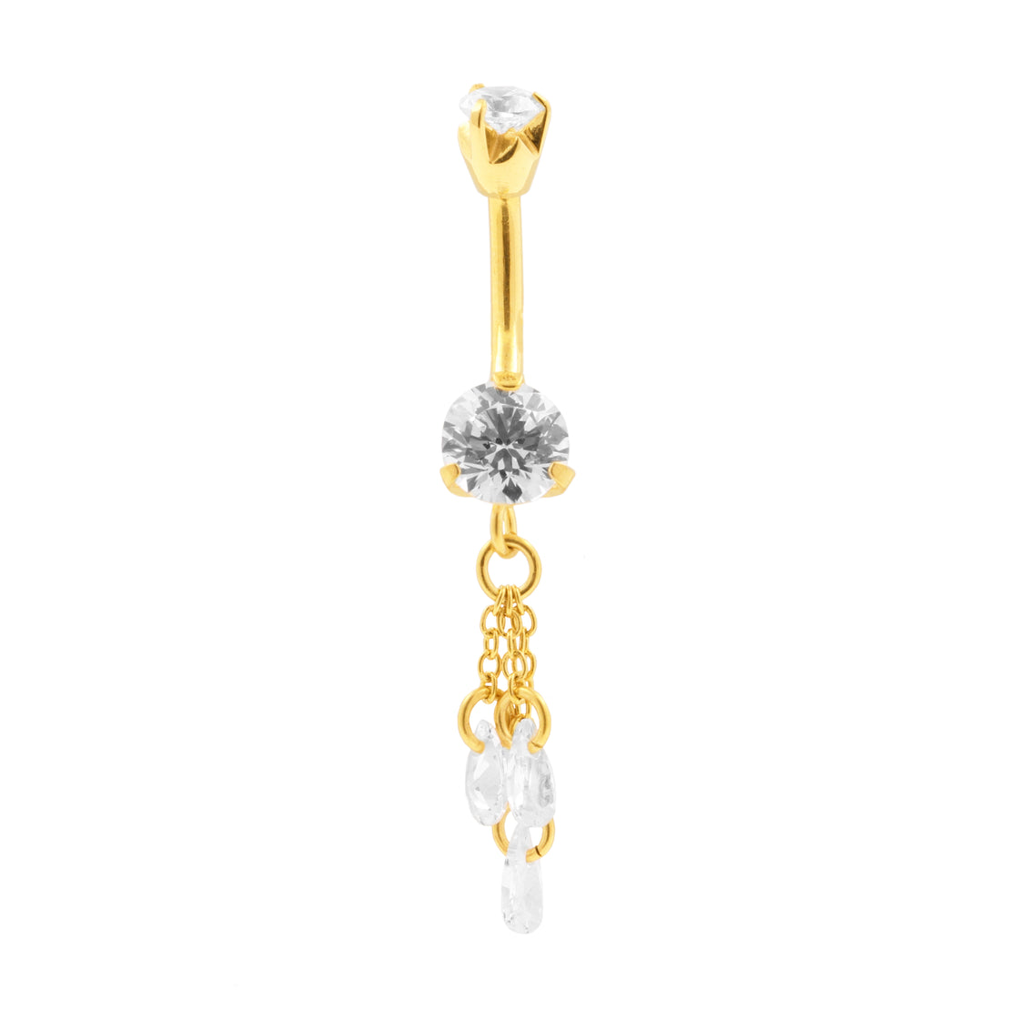 Surgical Steel Zirconia Belly Bar With Triple Dangle Gold