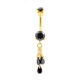 Surgical Steel Zirconia Belly Bar With Triple Dangle Gold
