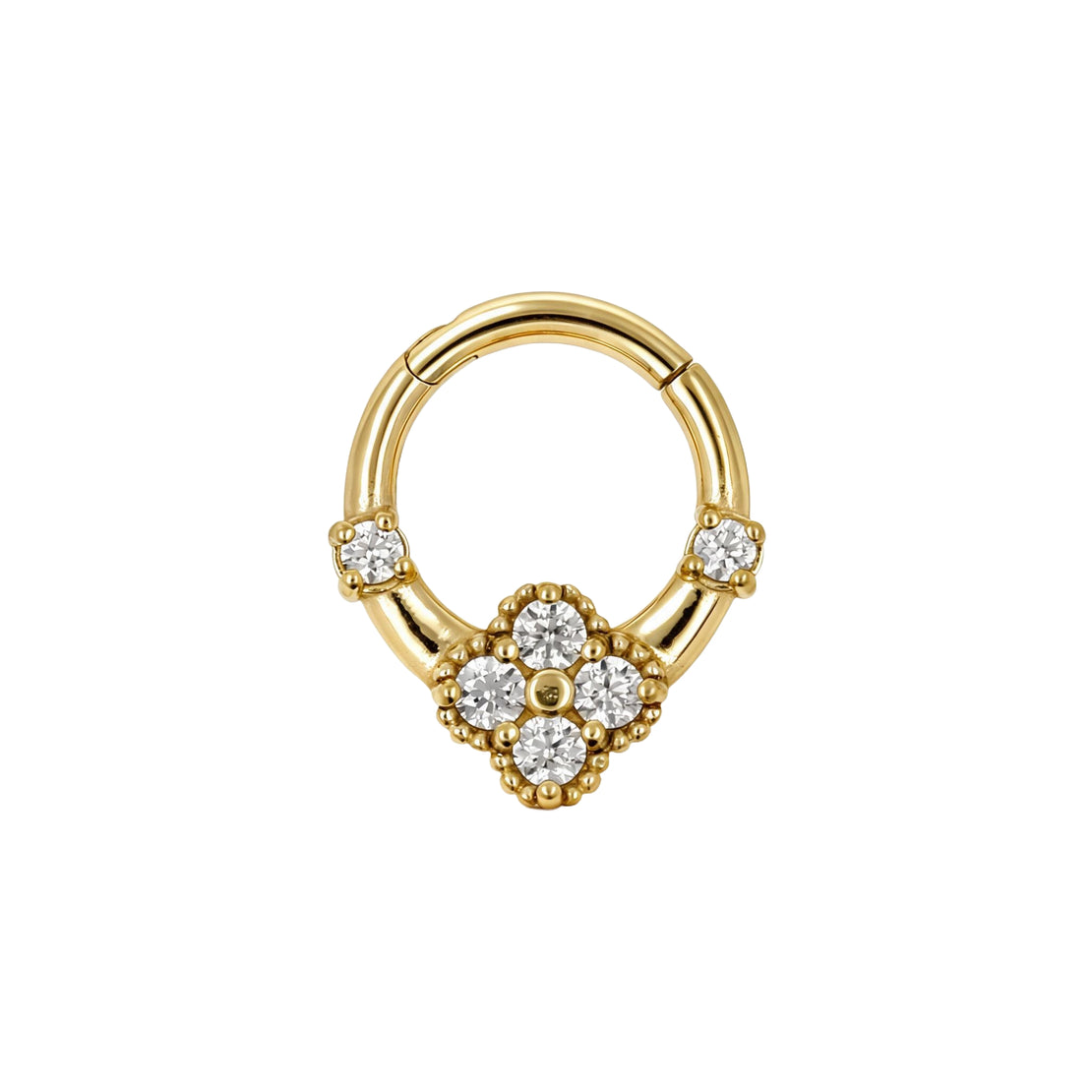 Nickel-Free Stainless Steel Click Ring - Zirconia Clover Gold