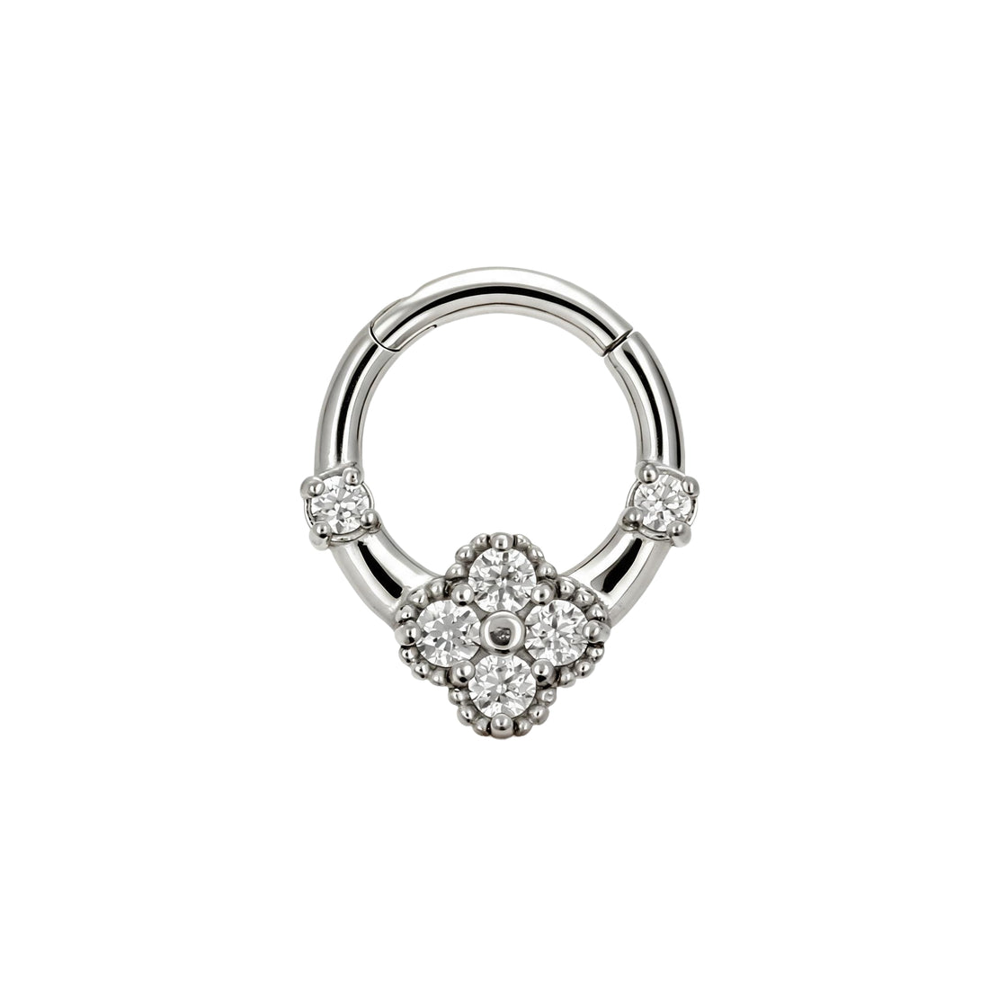Nickel-Free Stainless Steel Click Ring - Zirconia Clover Silver