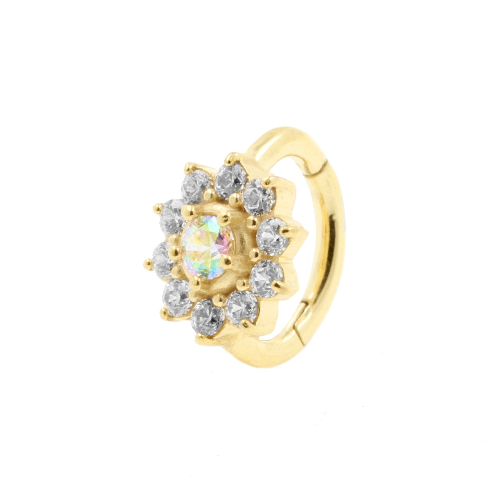 Nickel-Free Stainless Steel Rook Clicker - Zirconia Flower Crystal AB / Clear