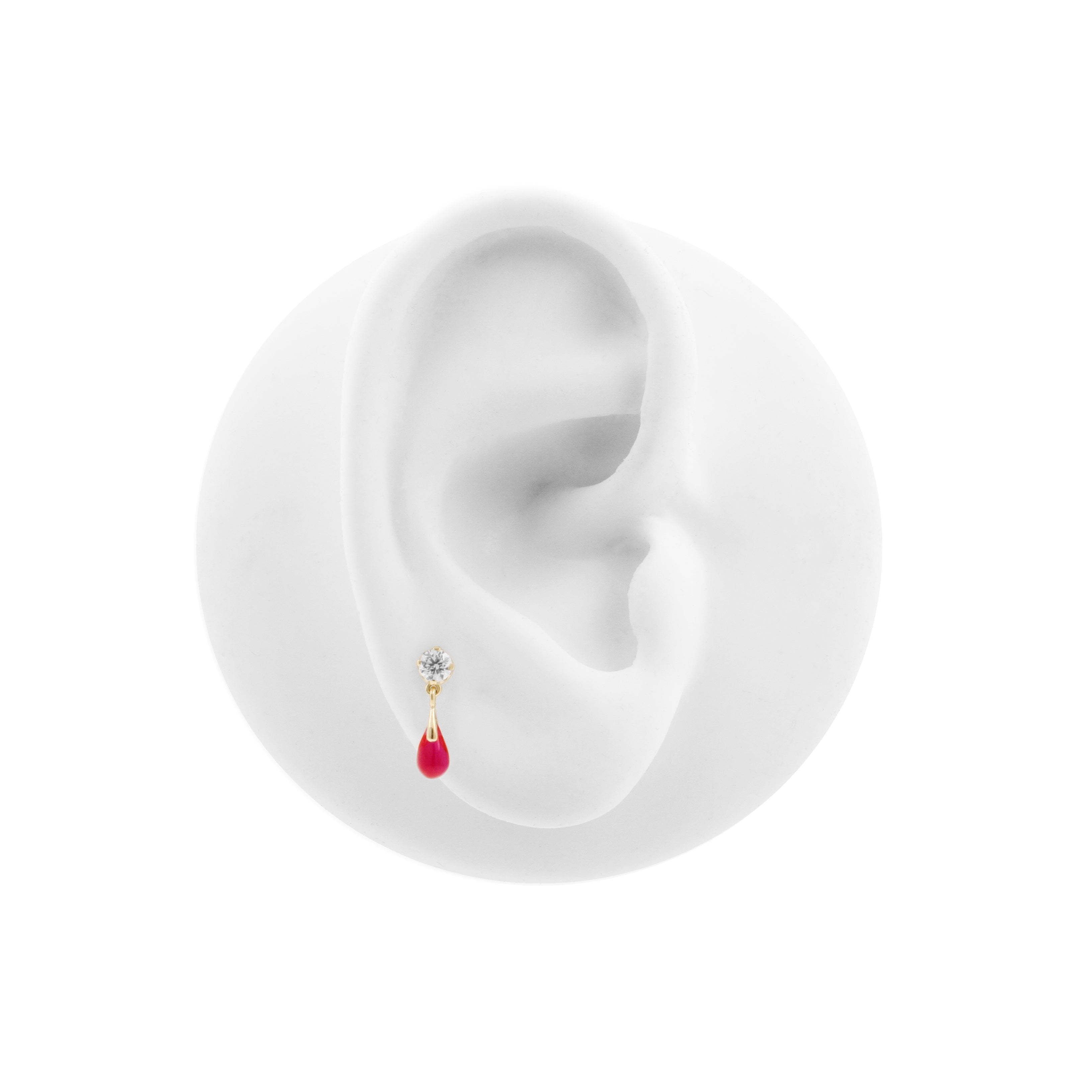 18 Karat Gold Round Zirconia Top with Teardrop Ruby