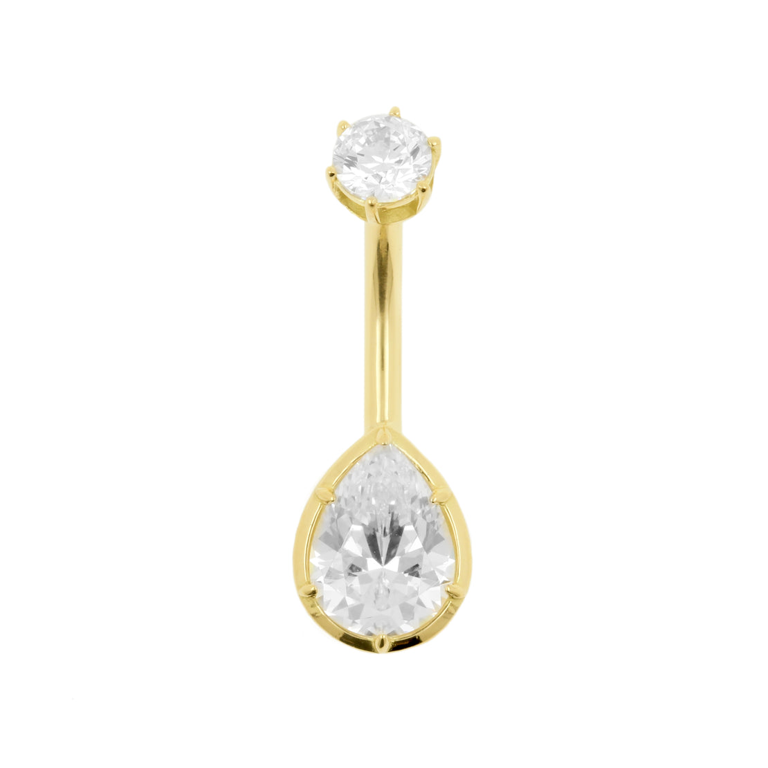 18 Karat Gold Belly Bar with Pear Shaped Premium Zirconia