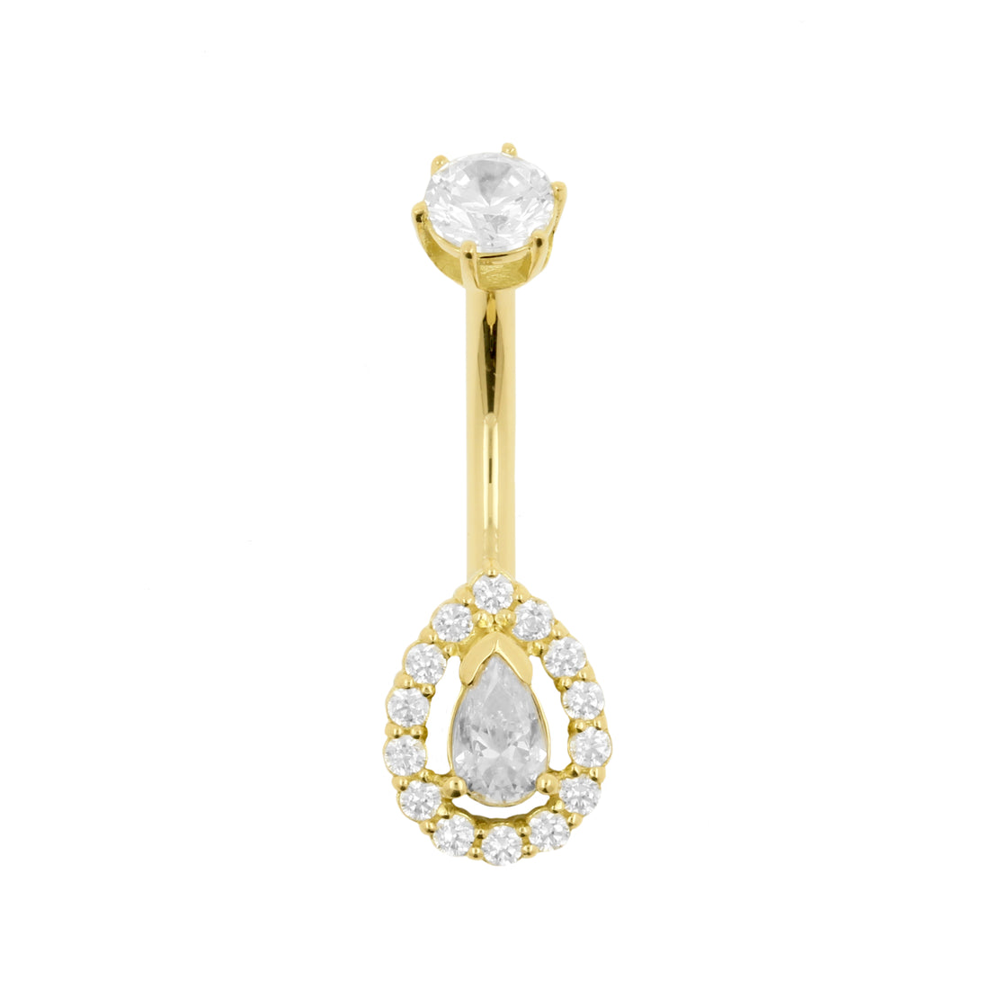 18 Karat Gold Belly Bar with Pear Shaped Premium Zirconia
