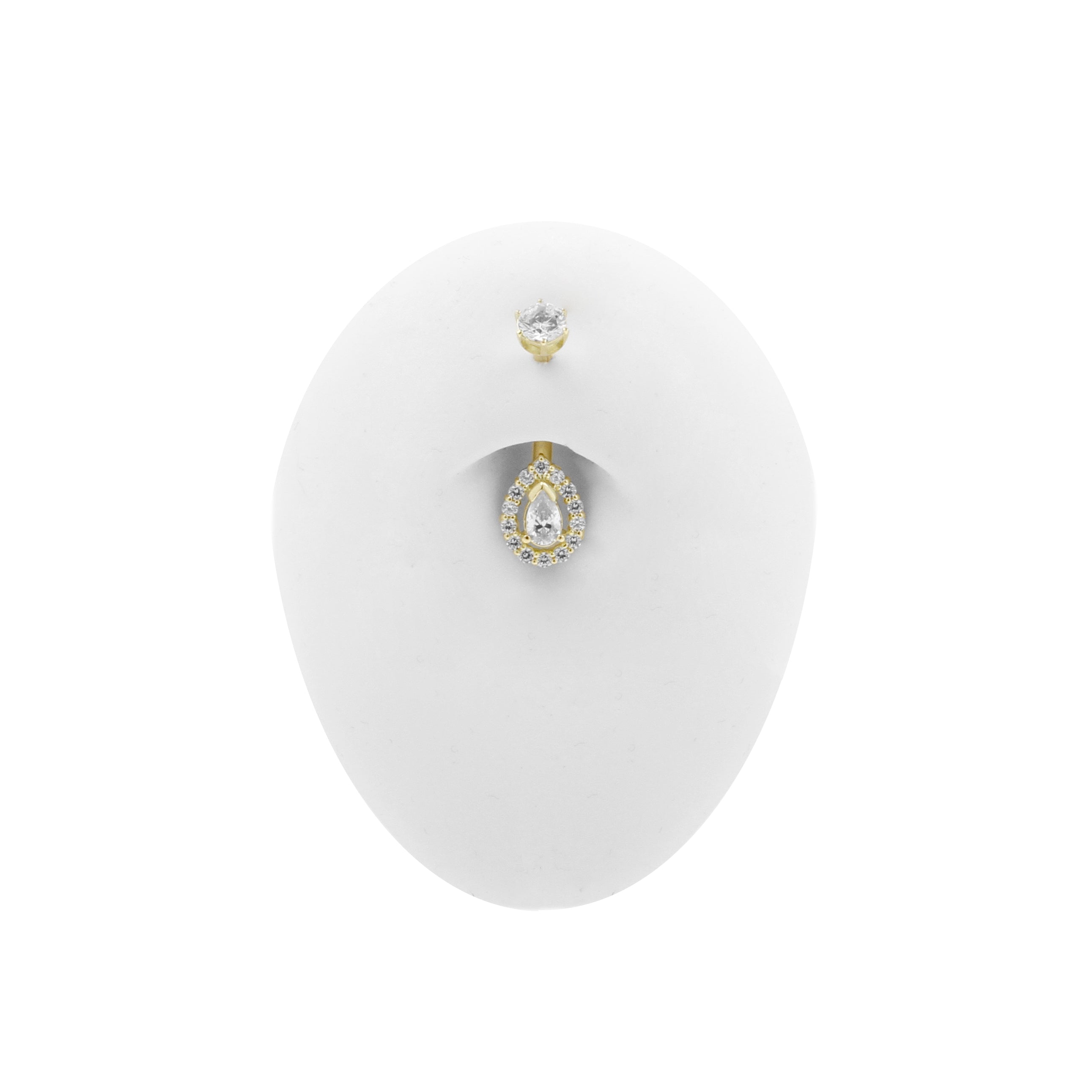 18 Karat Gold Belly Bar with Pear Shaped Premium Zirconia
