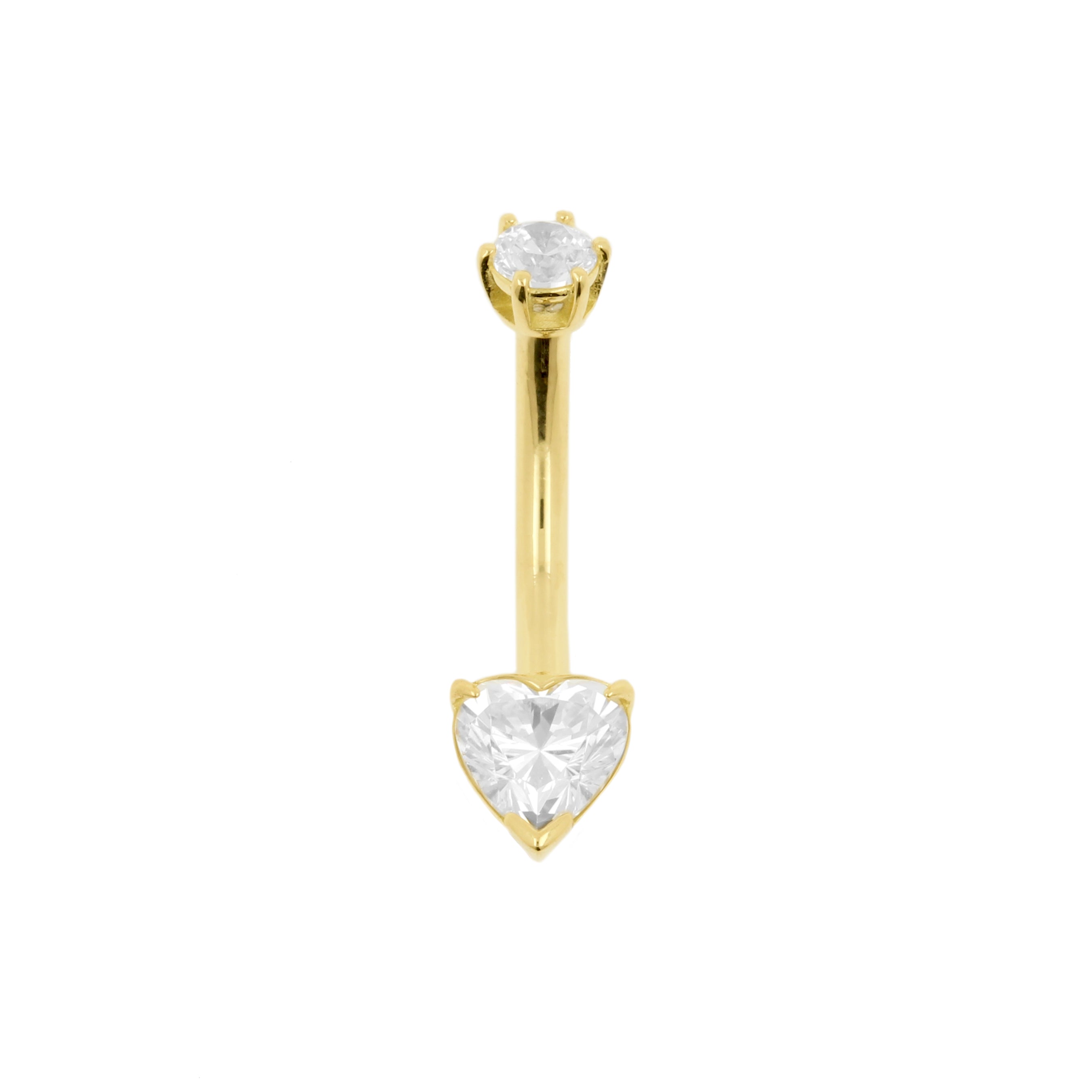 18 Karat Gold Belly Bar with Heart Shaped Premium Zirconia