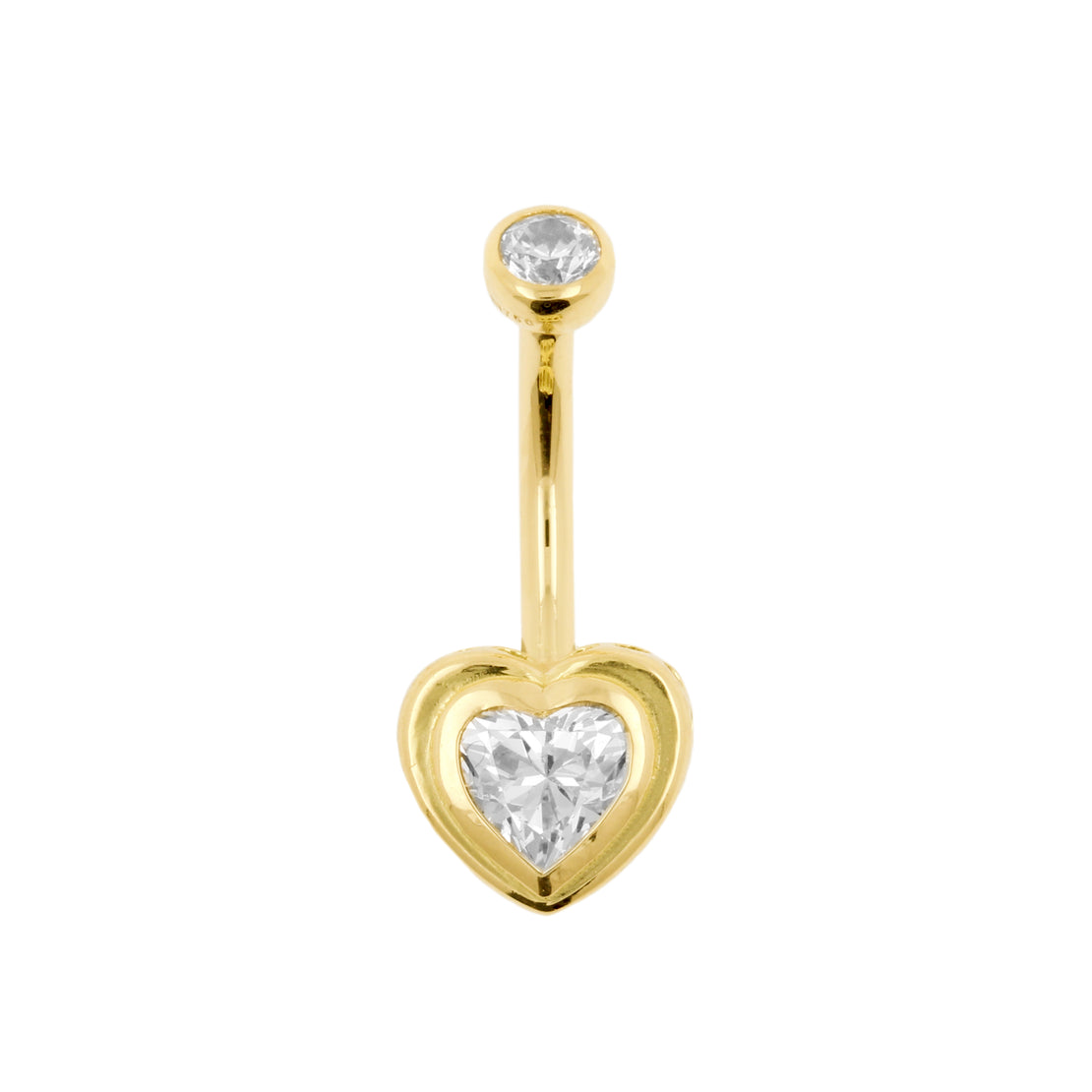 18 Karat Gold Belly Bar with Heart Shaped Premium Zirconia